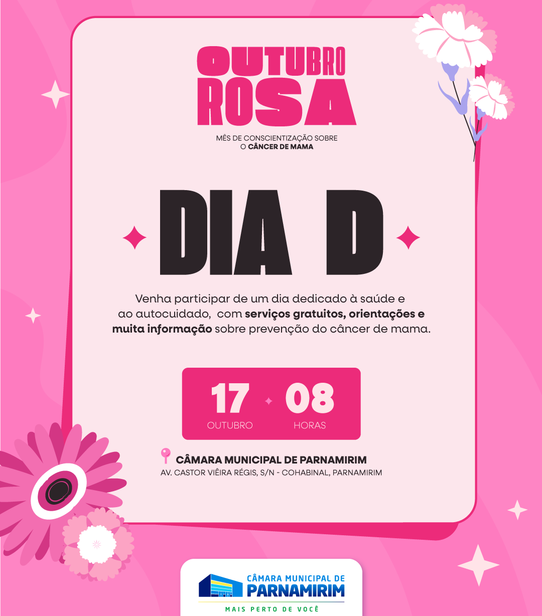 Outubro Rosa: Câmara de Parnamirim vai promover evento com foco em prevenção e autocuidado feminino